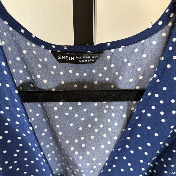 Polka Dot Wrap Dress V Neck Short Sleeve Flowy Midi Large Cottagecore Retro Blue - Picture 5 of 7